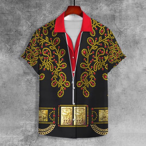 9Heritages Elvis Spanish Flower - Black With Red Stones UNISEX LAPEL SHIRT