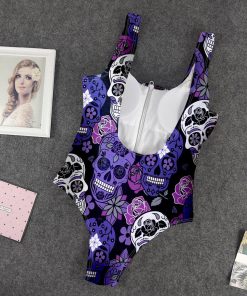9Heritages 3D Purple Sugar Skulls Hawaiian Custom One Piece Swimsuit