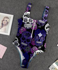 9Heritages 3D Purple Sugar Skulls Hawaiian Custom One Piece Swimsuit