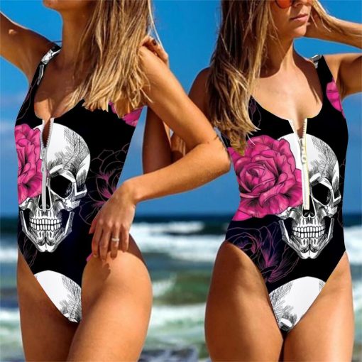 9Heritages 3D Roses Skull Custom One Piece Swimsuit