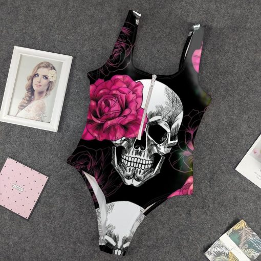 9Heritages 3D Roses Skull Custom One Piece Swimsuit