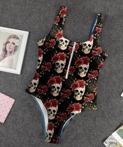 9Heritages 3D Vintage Flowers Skulls Custom One Piece Swimsuit